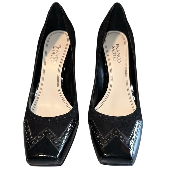 Franco‎ Sarto Capital Women 9.5M Black Patent Leather Suede 3" Heel Square Toe - Picture 1 of 9
